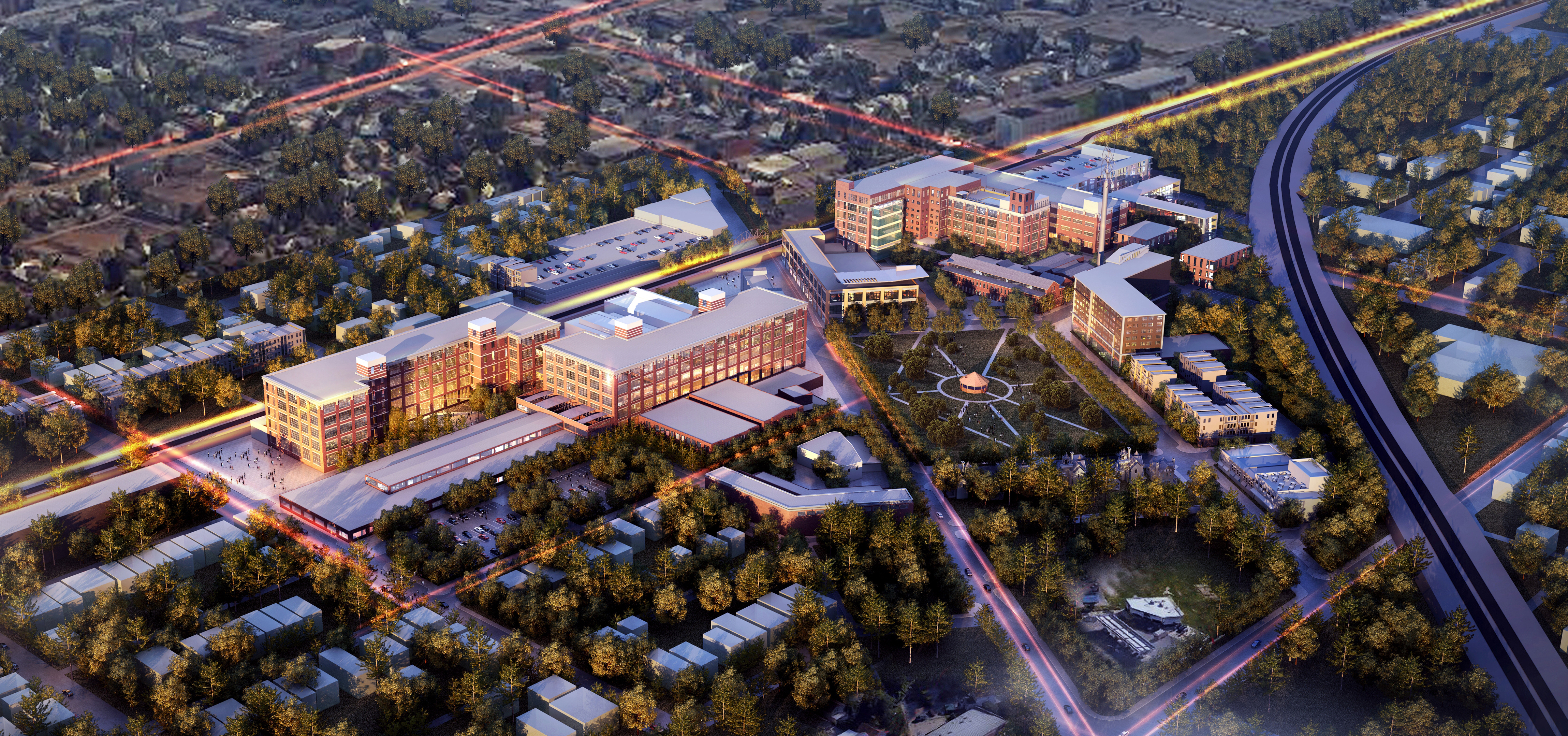 Fort Wayne GE Campus Vision Artist's rendering of an aerial view of Fort Wayne Electric Works Campus vision