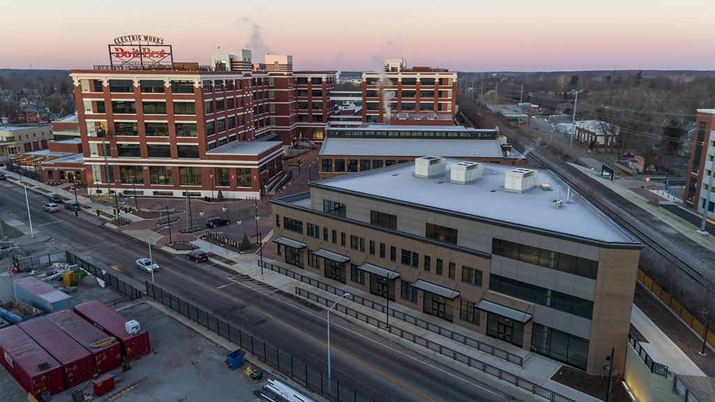 aerial photo of Electric Works campus in down town fort wayne IN
