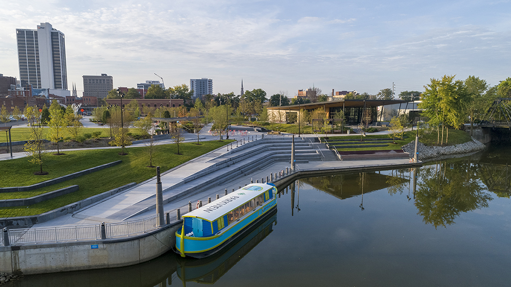 Aerial view of Promenade Park riverfront view down town Fort Wayne IN