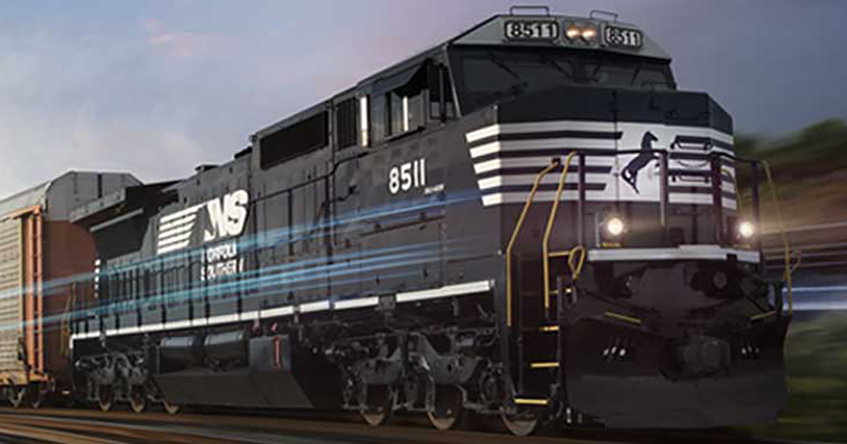 norfolk southern locomotive moving down a train track