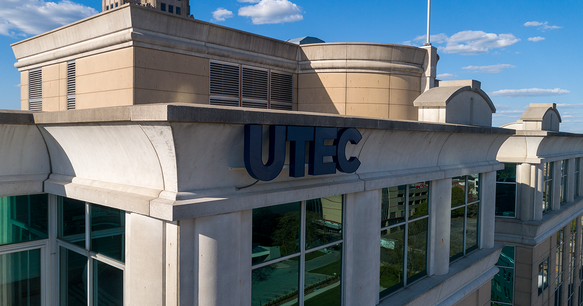 photo of UTEC sign on side of Indiana Office Center in downtown Fort Wayne