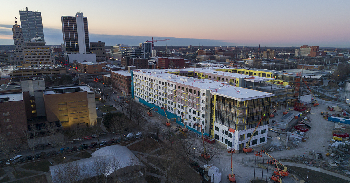 aerial photo of the riverfront at promenade park development in downtown fort wayne, indiana