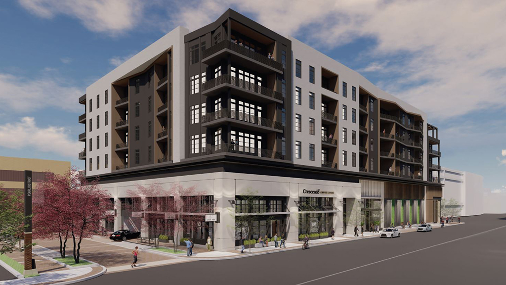 Artist's rendering of The Pearl mixed-use project in downtown Fort Wayne, Indiana