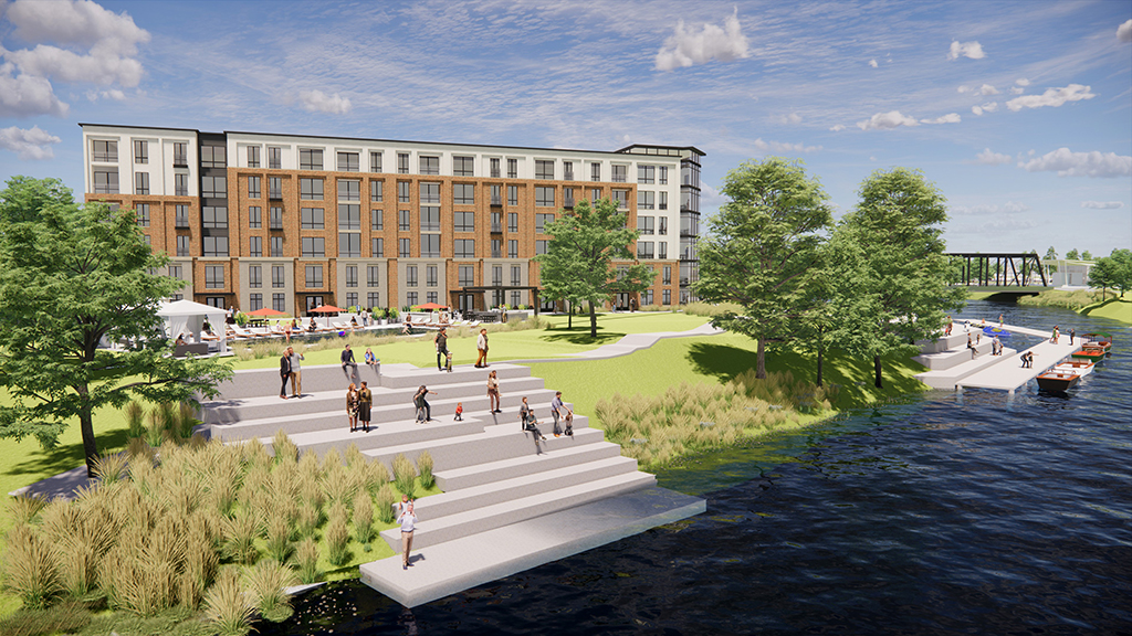 Artist's rendering of mixed-use building on the north bank of the St. Marys River in downtown Fort Wayne, Indiana