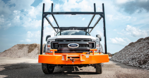 A heavily geared-up truck called a Candywagon is built in-house at Premier Truck Rental. These trucks are used for framing work done on transmission lines.