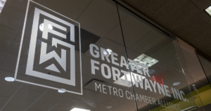 Photo of the front window of Greater Fort Wayne Inc.'s offices