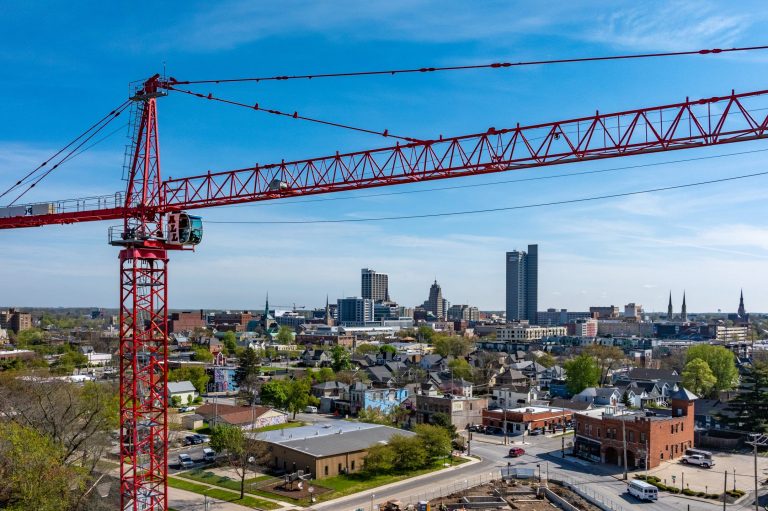 Crane overlooking Downtown Fort Wayne Skyline