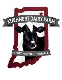 Kuenert Dairy Farm logo, cow framed by the state of Indiana shape.